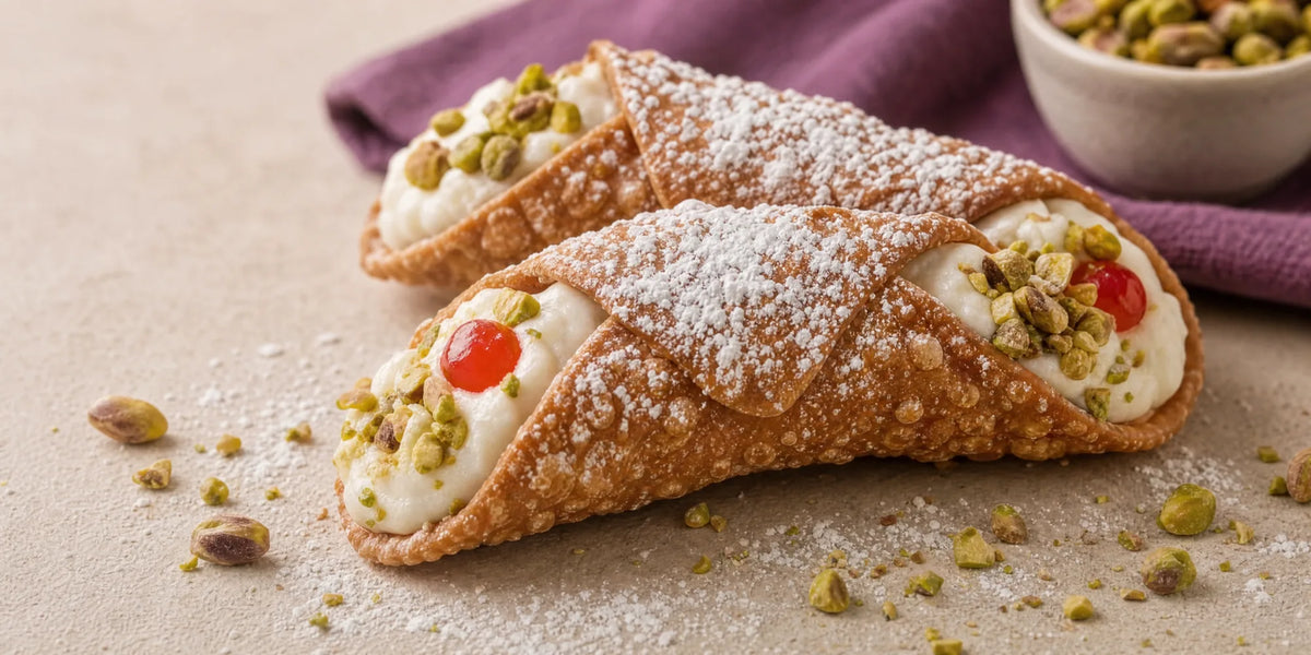 Due cannoli siciliani ripieni di ricotta su un piano chiaro, accanto a un panno viola