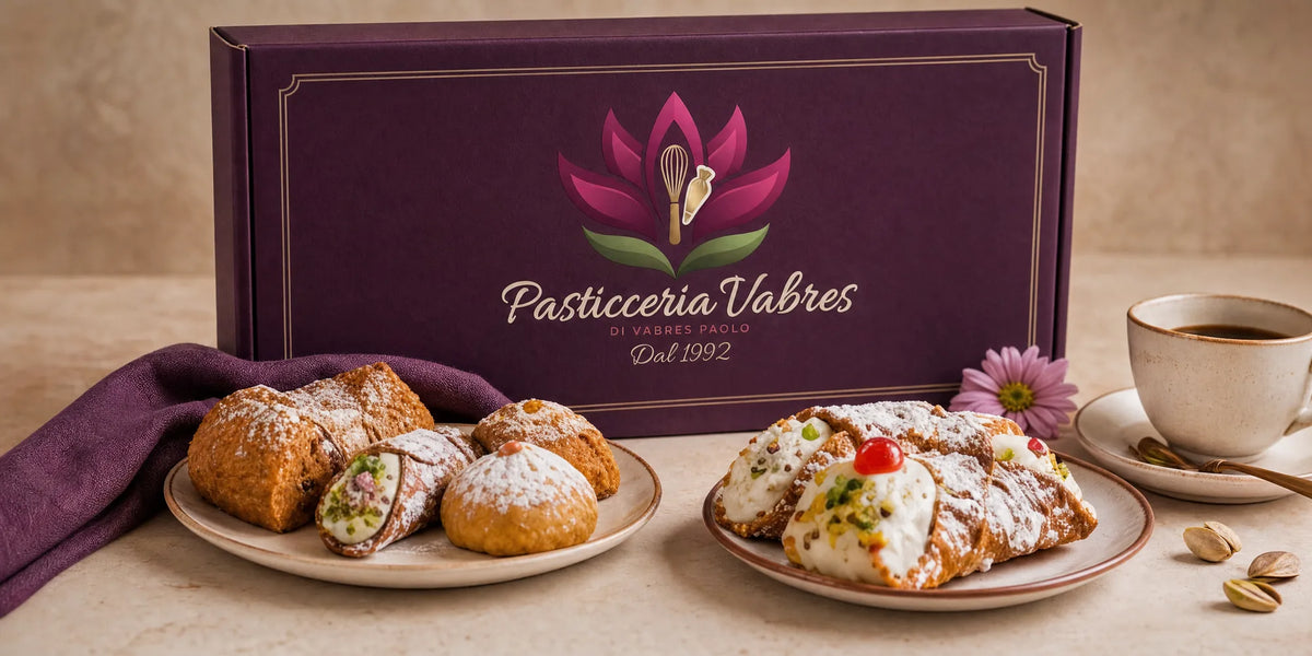 La scatola viola della Pasticceria Vabres con il logo, e due piatti di dolci siciliani
