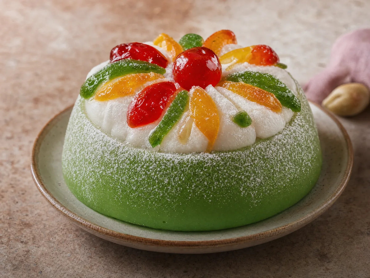 Cassata siciliana intera su un piatto di ceramica