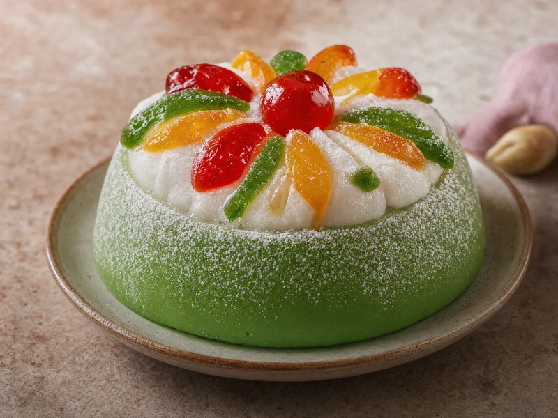 Cassata siciliana intera su un piatto di ceramica