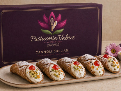 La scatola viola «Cannoli siciliani» della Pasticceria Vabres e cinque cannoli su un vassoio