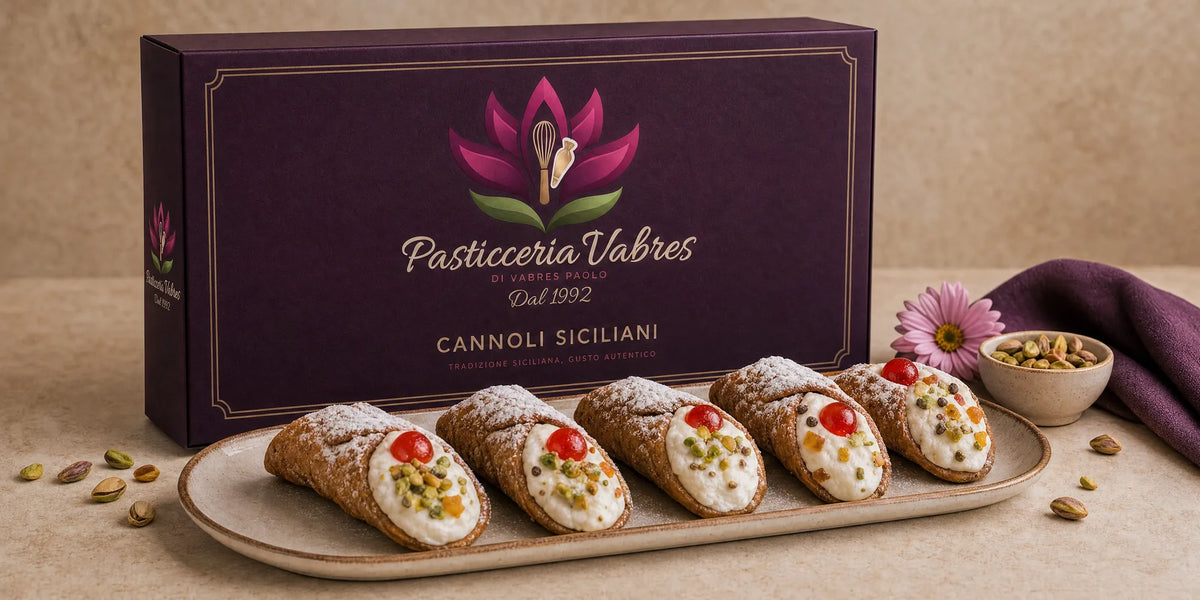 La scatola viola «Cannoli siciliani» della Pasticceria Vabres e cinque cannoli su un vassoio